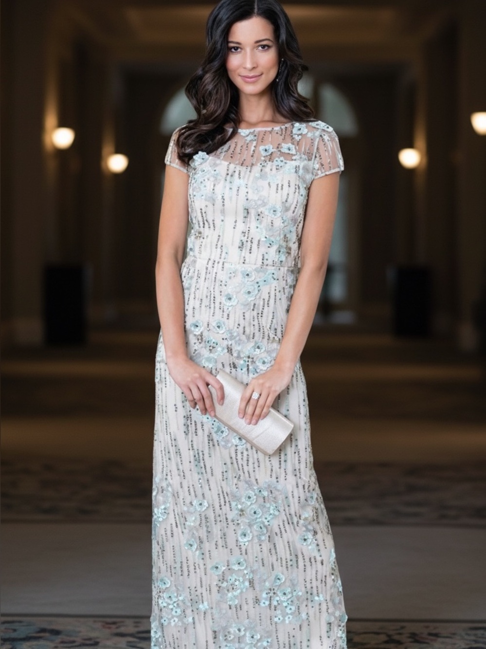 Alex Evenings Embellished Floral Sequin Beaded Gown Ivory Blue Size 6